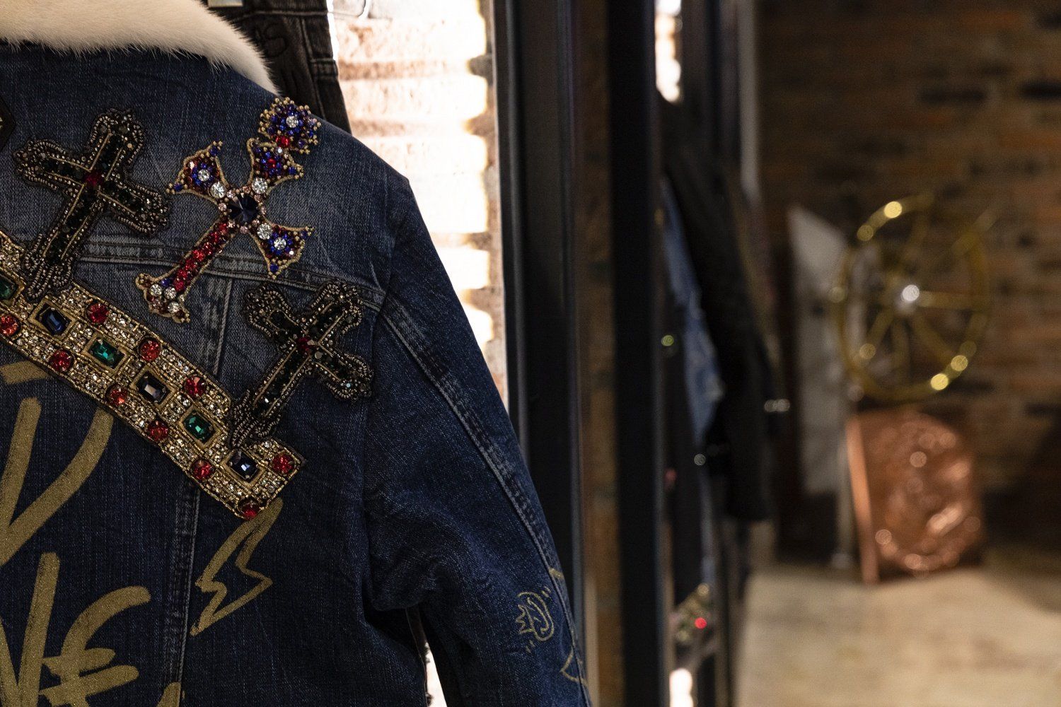 Embroidered Denim Jacket with Decorative Cross Details