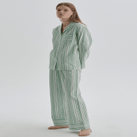 Green Striped Shirt Collar Cotton Pajama Top