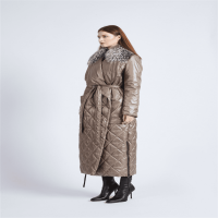 Beige Quilted Collar Fur Long Women's Coat