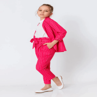 Girl Ribbon Belted Striped Straight Leg Trousers