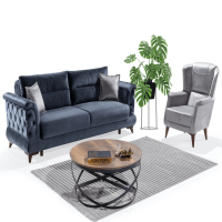 Navy Blue Sofa and Gray Bergere Sofa Set