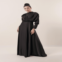 Satin Long Dress with Gathered Sleeves, Button Detail, Lined and Beaded Front