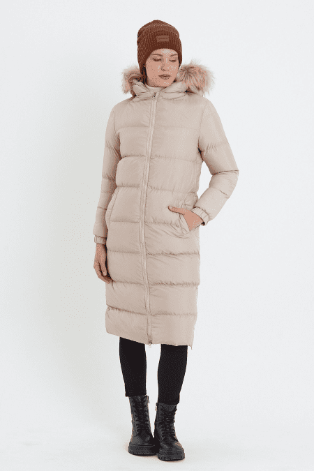 Long Puffer Coat with Fur Hood