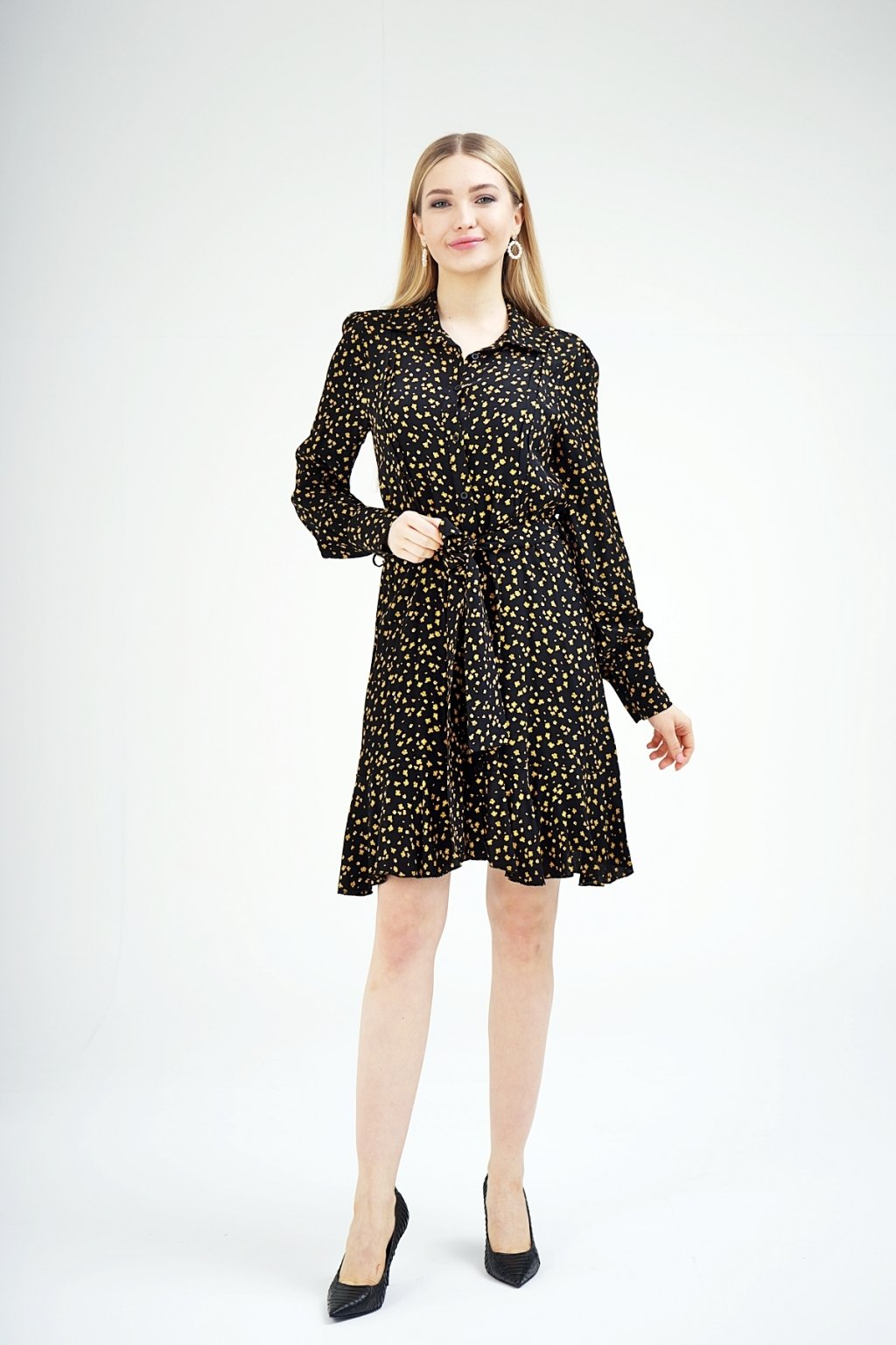 Patterned Button Detailed Long Sleeve Shirt Dress